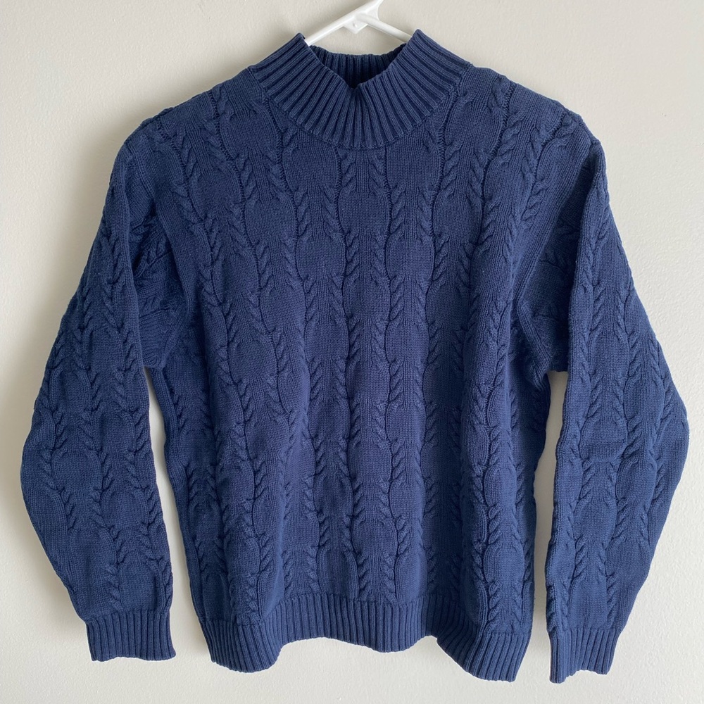 Talbots Petites Navy Cable Knit Turtleneck Sweater Ribbed Cuffs